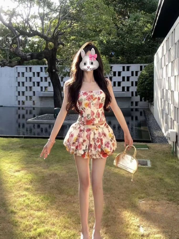 여름 고급 센스 프랑스식 순수한 욕망 바람 꽃무늬 세트 드레스 몸매 가꾸기 슬림해 보이는 튜브탑 맨위 하이웨이스트 꽃밭 반신 스커트 상세 이미지 5