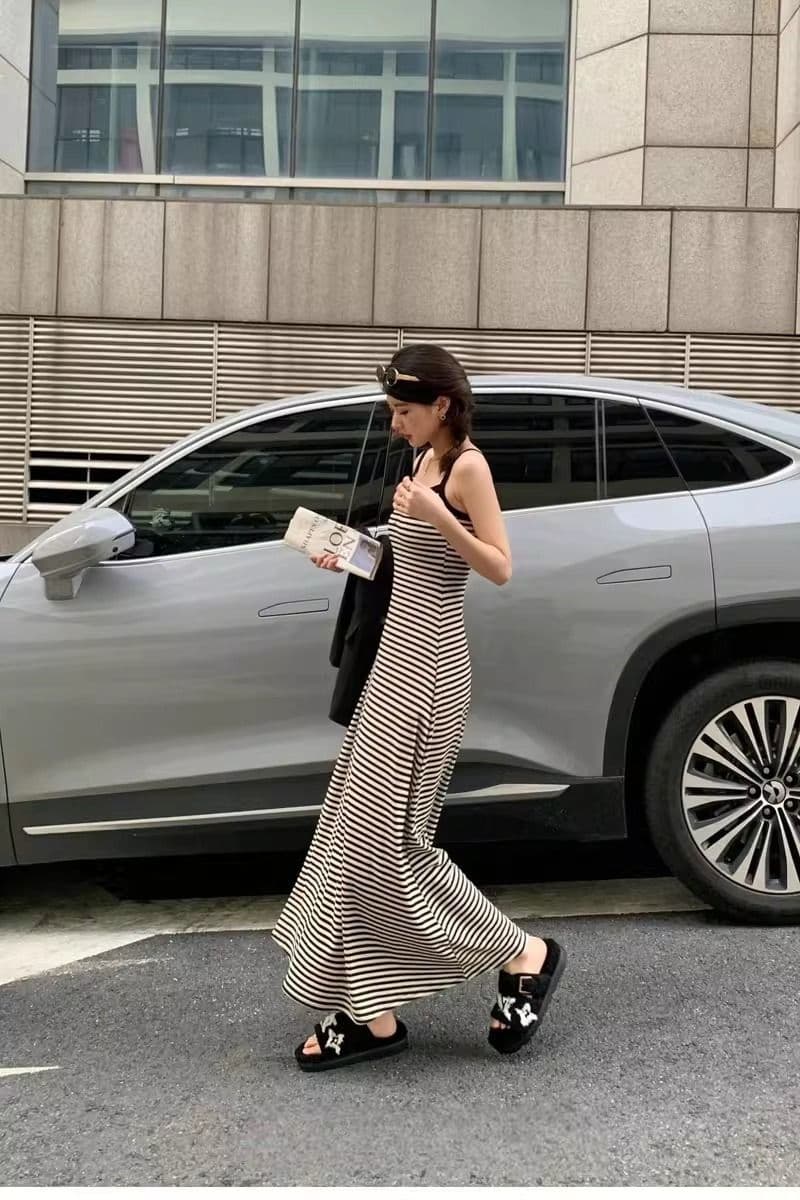 프랑스식 고급 센스 레트로 롱 스커트 봄 여름 새로운 몸매 가꾸기 슬림해 보이는 디자인 센스 스트라이프 슬립 치마 상세 이미지 7