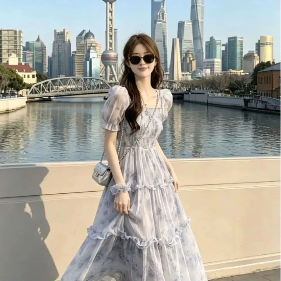 프랑스식 꽃무늬 여성 드레스 여름 슈퍼 요정 새로운 광장 칼라 거품 소매 허리 수축 슬림해 보이는 쉬폰 롱 스커트 부드러운 바람 이미지 2