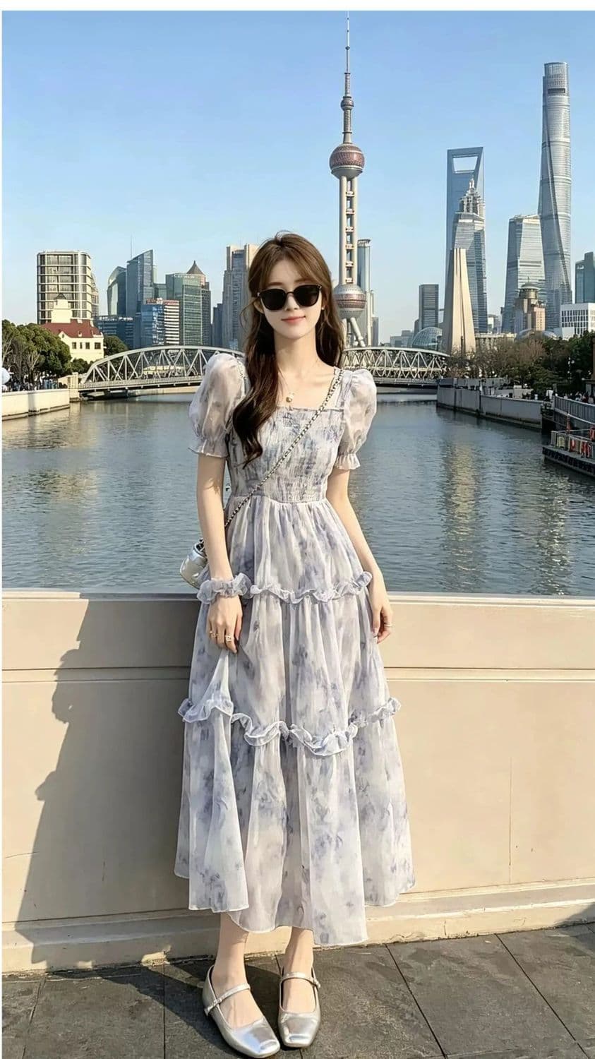 프랑스식 꽃무늬 여성 드레스 여름 슈퍼 요정 새로운 광장 칼라 거품 소매 허리 수축 슬림해 보이는 쉬폰 롱 스커트 부드러운 바람 상세 이미지 6