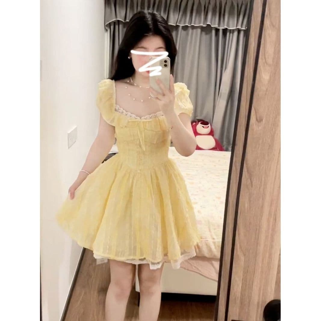 황색 광장 칼라 소녀 거품 소매 수신 귀여운 드레스 허리 수축 프랑스식 슬림해 보이는 달콤함 치마 공주 미니 스커트 여성 이미지 5