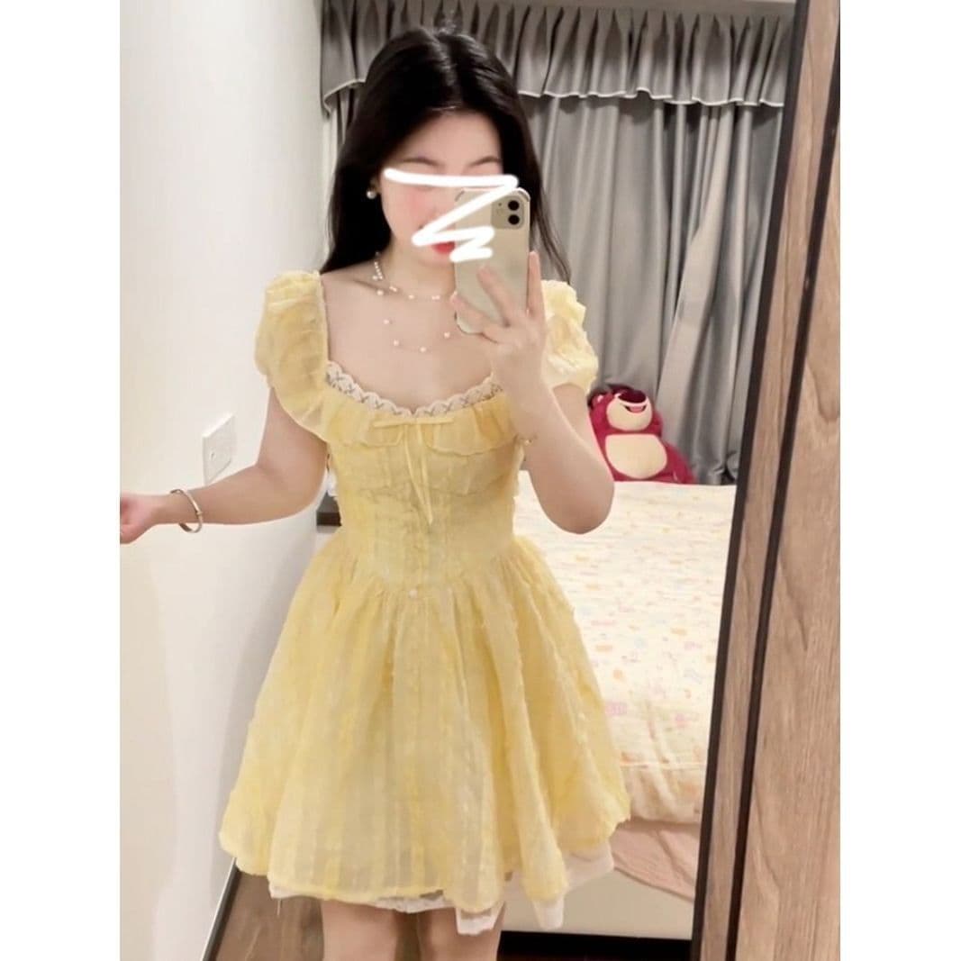 황색 광장 칼라 소녀 거품 소매 수신 귀여운 드레스 허리 수축 프랑스식 슬림해 보이는 달콤함 치마 공주 미니 스커트 여성 상세 이미지 5