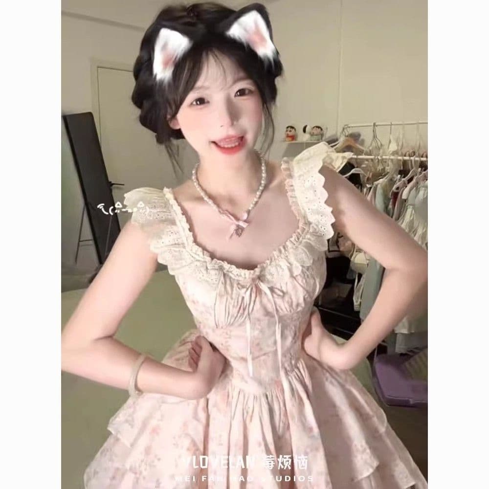 여름 새로운 공주 달콤함 작은 날다 소매 꽃무늬 드레스 부드러운 허리 수축 슬림해 보이는 프랑스식 달콤한 자매 퍼프 미니 스커트 이미지 2