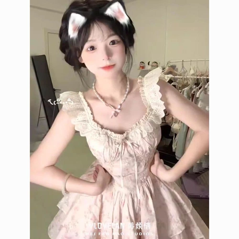 여름 새로운 공주 달콤함 작은 날다 소매 꽃무늬 드레스 부드러운 허리 수축 슬림해 보이는 프랑스식 달콤한 자매 퍼프 미니 스커트 상세 이미지 1