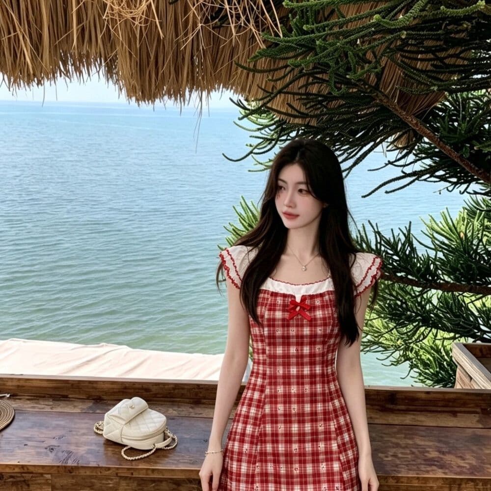 학원 패치워크 드레스 품격 여름 레트로 빨간색 체크무늬 허리 수축 작은 키 달콤함 슬림해 보이는 미니 스커트 치마 이미지 3
