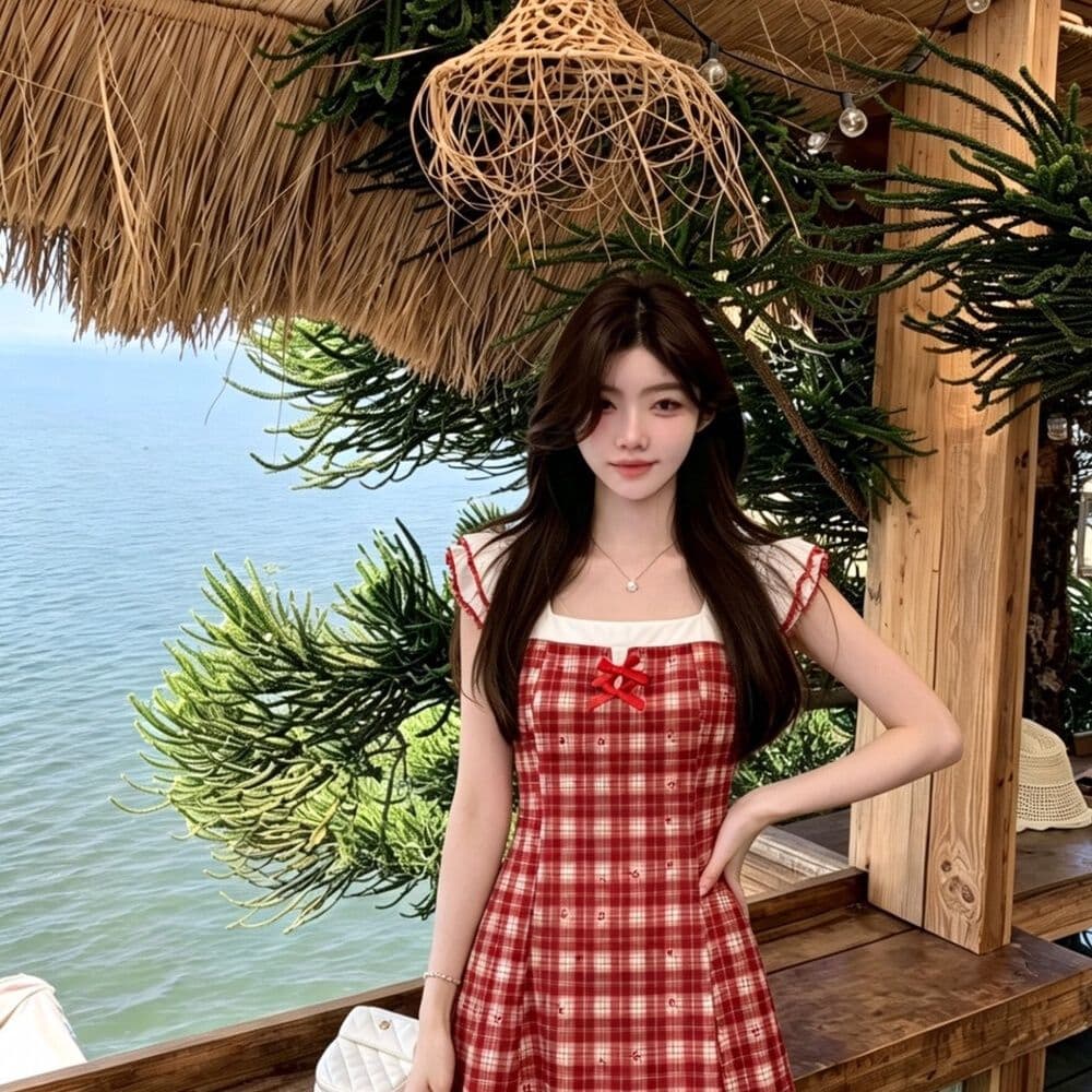 학원 패치워크 드레스 품격 여름 레트로 빨간색 체크무늬 허리 수축 작은 키 달콤함 슬림해 보이는 미니 스커트 치마 이미지 2