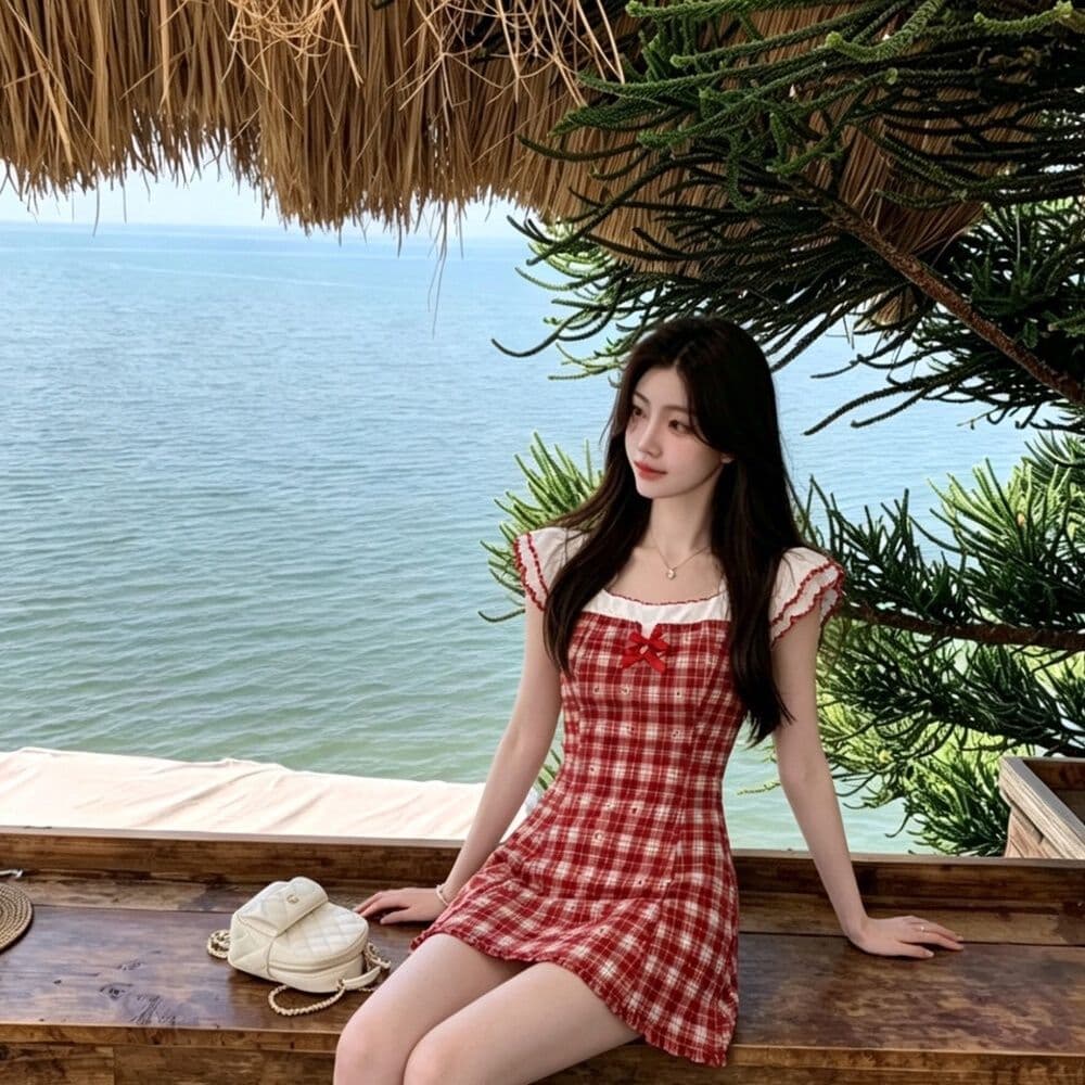 학원 패치워크 드레스 품격 여름 레트로 빨간색 체크무늬 허리 수축 작은 키 달콤함 슬림해 보이는 미니 스커트 치마 상세 이미지 2