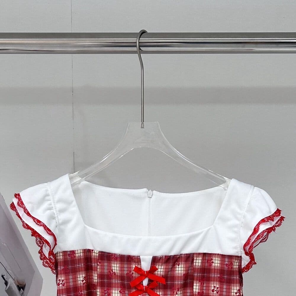 학원 패치워크 드레스 품격 여름 레트로 빨간색 체크무늬 허리 수축 작은 키 달콤함 슬림해 보이는 미니 스커트 치마 상세 이미지 7