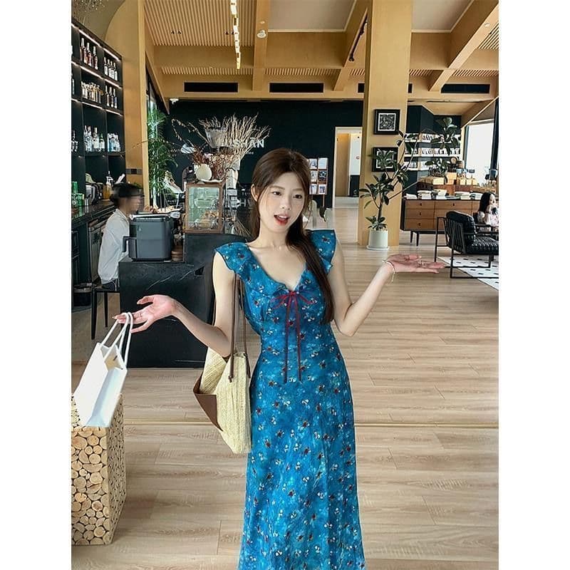 휴가 바람 파란색 꽃무늬 슬립 여성 드레스 여름 프랑스식 허리 수축 롱 스커트 디자인 센스 부드러운 한 마디 치마 이미지 2