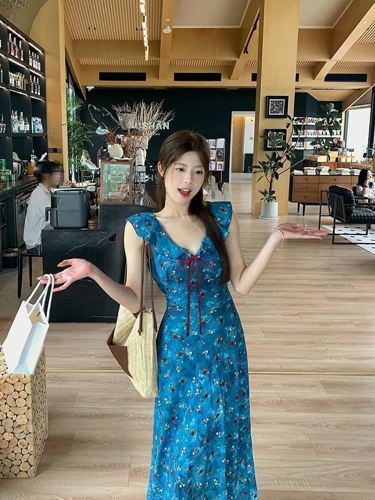 휴가 바람 파란색 꽃무늬 슬립 여성 드레스 여름 프랑스식 허리 수축 롱 스커트 디자인 센스 부드러운 한 마디 치마 상세 이미지 3
