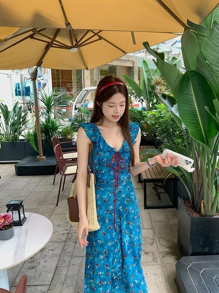 휴가 바람 파란색 꽃무늬 슬립 여성 드레스 여름 프랑스식 허리 수축 롱 스커트 디자인 센스 부드러운 한 마디 치마 상세 이미지 4