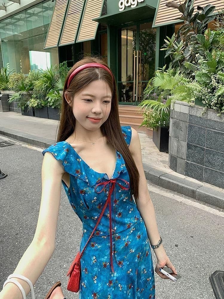휴가 바람 파란색 꽃무늬 슬립 여성 드레스 여름 프랑스식 허리 수축 롱 스커트 디자인 센스 부드러운 한 마디 치마 상세 이미지 5