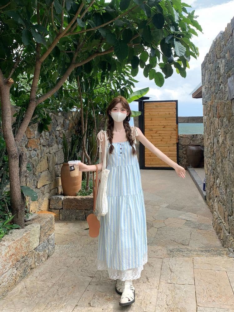 달콤함 프랑스식 해변가 휴가 바람 블루 스트라이프 슬립 드레스 여름 새로운 도파민 길다 치마 외출용 이미지 4