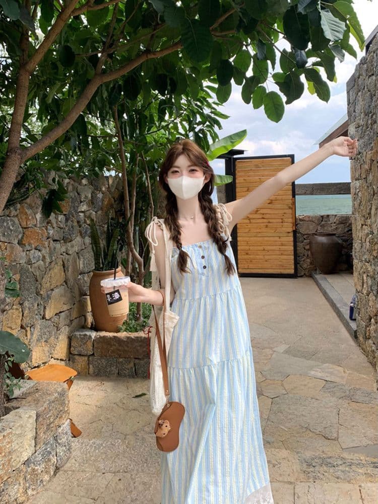 달콤함 프랑스식 해변가 휴가 바람 블루 스트라이프 슬립 드레스 여름 새로운 도파민 길다 치마 외출용 상세 이미지 5