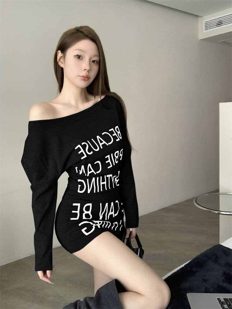 조기 가을 새로운 아메리칸 작은 대중 디자인 센스 알파벳 프린트 타이트 스커트 허리 수축 핫걸 티셔츠 미니 스커트 드레스 상세 이미지 11