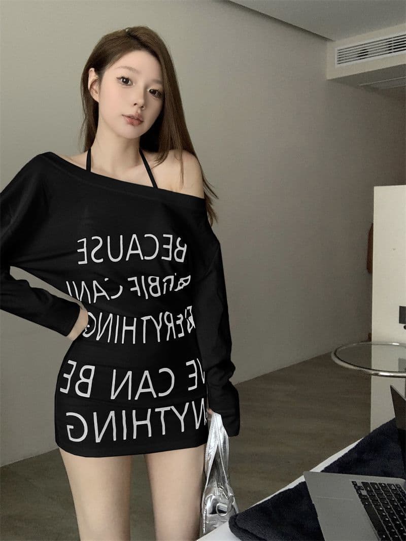 조기 가을 새로운 아메리칸 작은 대중 디자인 센스 알파벳 프린트 타이트 스커트 허리 수축 핫걸 티셔츠 미니 스커트 드레스 상세 이미지 13