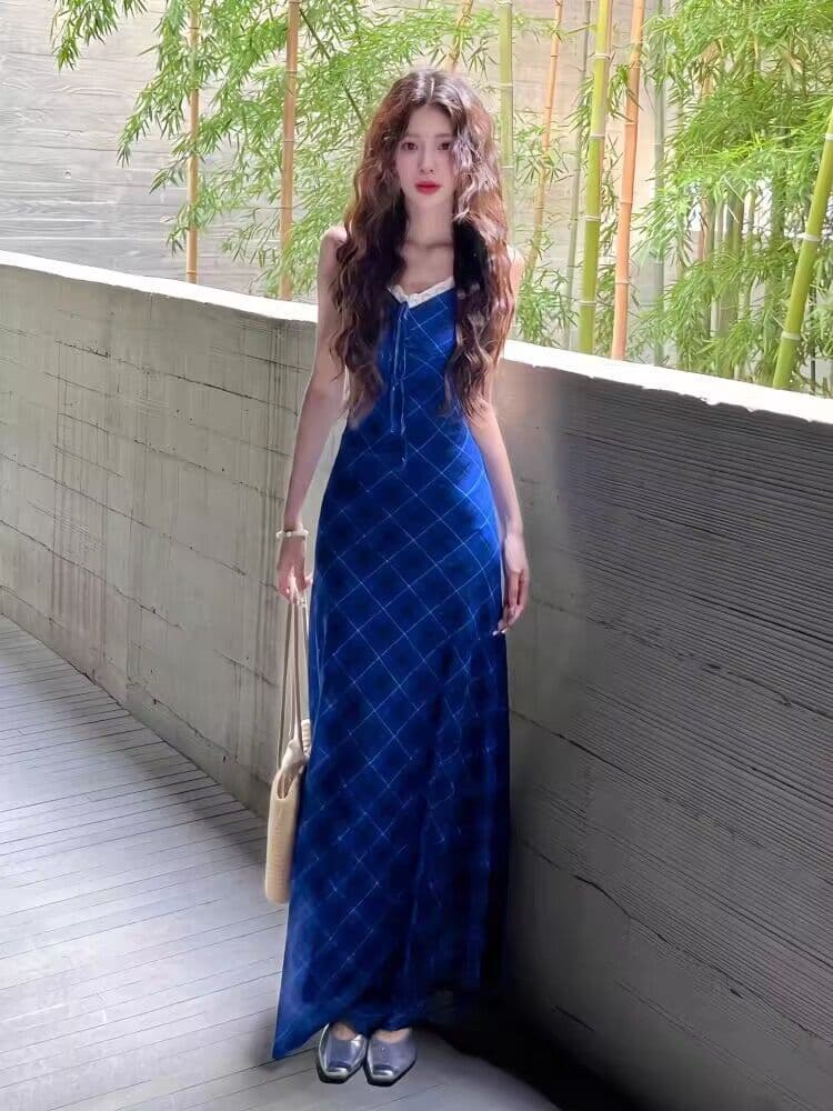 해변가 착용 가져 가라. 휴가 바람 롱 코트 드레스 파란색 체크무늬 슬립 슬림해 보이는 다용도 여름 우아함 길다 치마 상세 이미지 9
