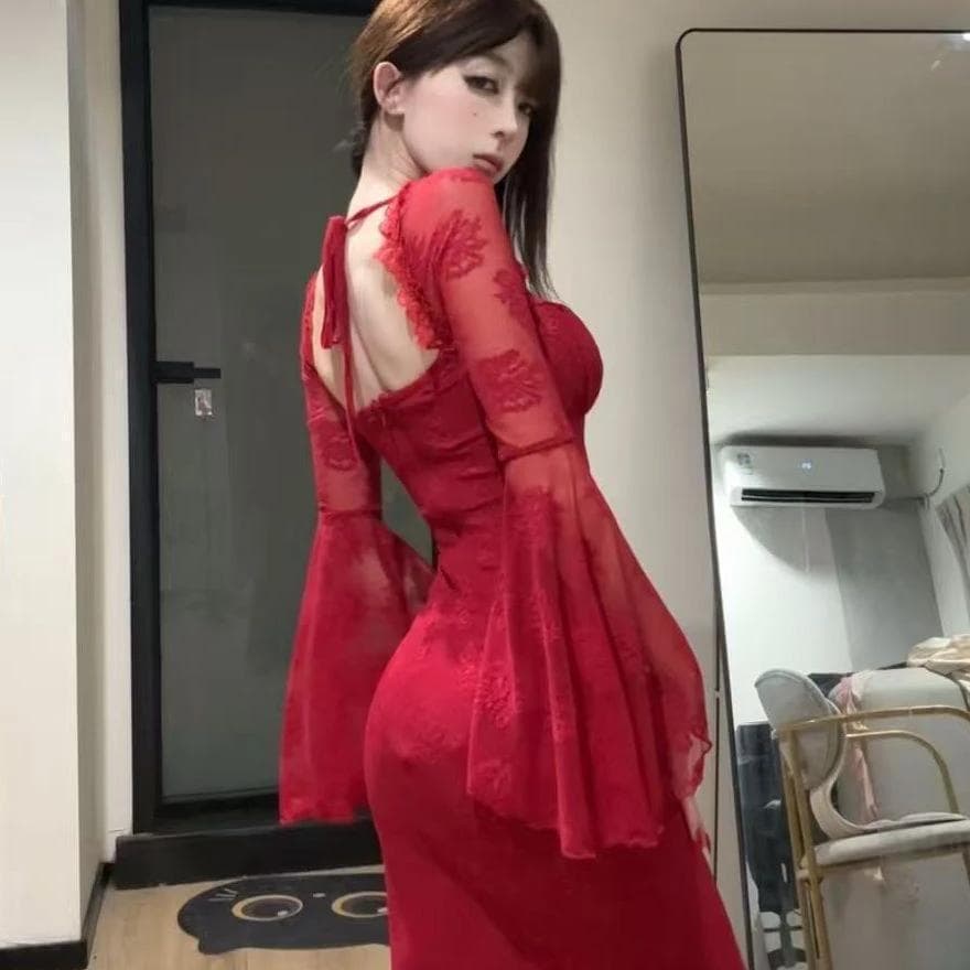 프랑스식 순수한 욕망 바람 스퀘어 입 칼라 시스루 나팔 소매 패치워크 타이트 스커트 드레스 2026 가을 새로운 섹시함 치마 상세 이미지 4