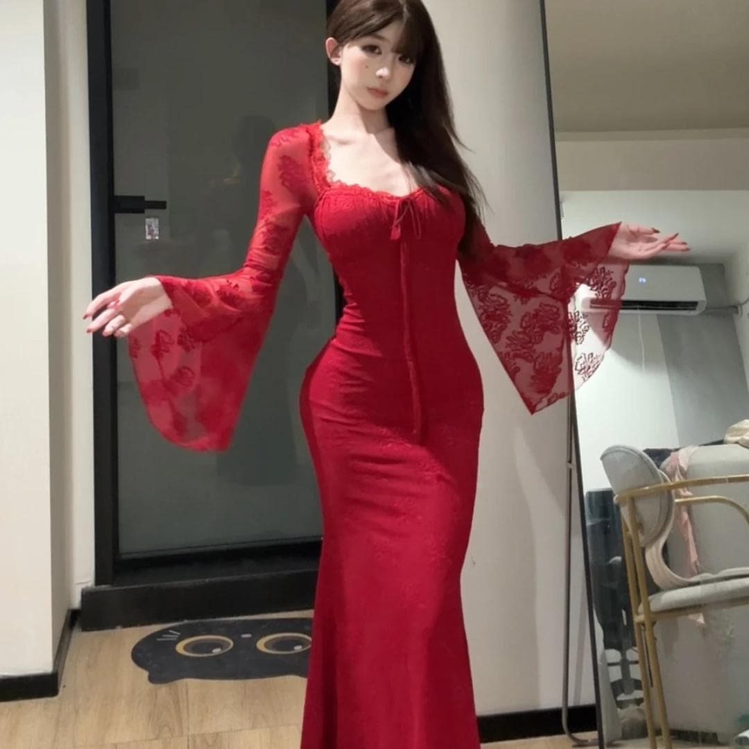 프랑스식 순수한 욕망 바람 스퀘어 입 칼라 시스루 나팔 소매 패치워크 타이트 스커트 드레스 2026 가을 새로운 섹시함 치마 상세 이미지 8