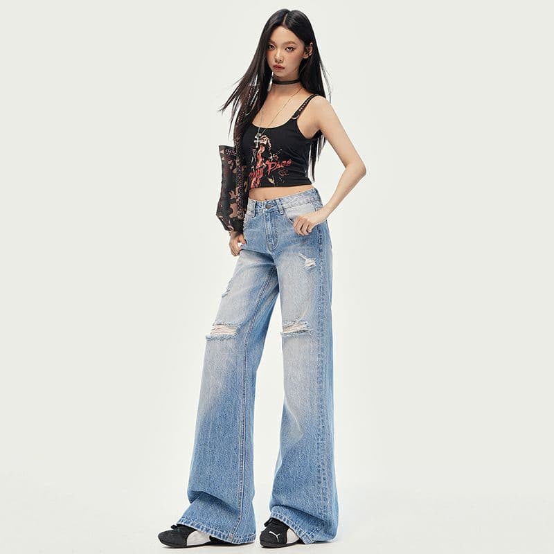 실사 여름 새로운 그라인딩 홀 마이크로 나팔 청바지 여성 슬림해 보이는 디스플레이 길다 루즈핏 밝은색 다용도 호스 슈 바지 이미지 5