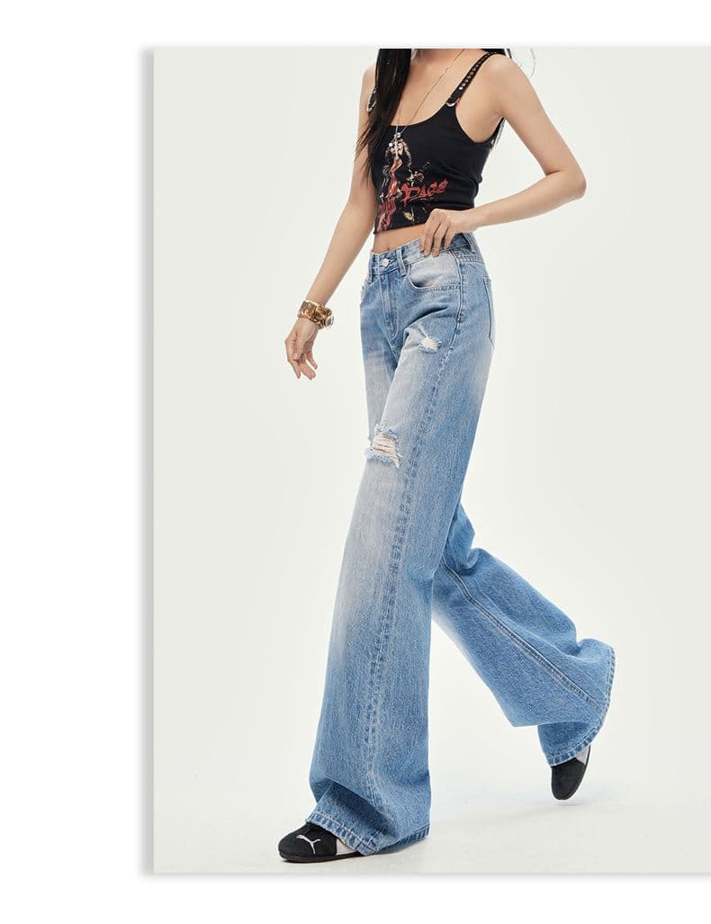 실사 여름 새로운 그라인딩 홀 마이크로 나팔 청바지 여성 슬림해 보이는 디스플레이 길다 루즈핏 밝은색 다용도 호스 슈 바지 상세 이미지 11
