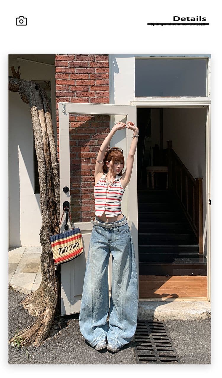 실사 디자인 센스 레트로 자카드 모통이 칼 넓은 다리 청바지 2026 여름 하이웨이스트 슬림해 보이는 다용도 스트레이트 팬츠 상세 이미지 9