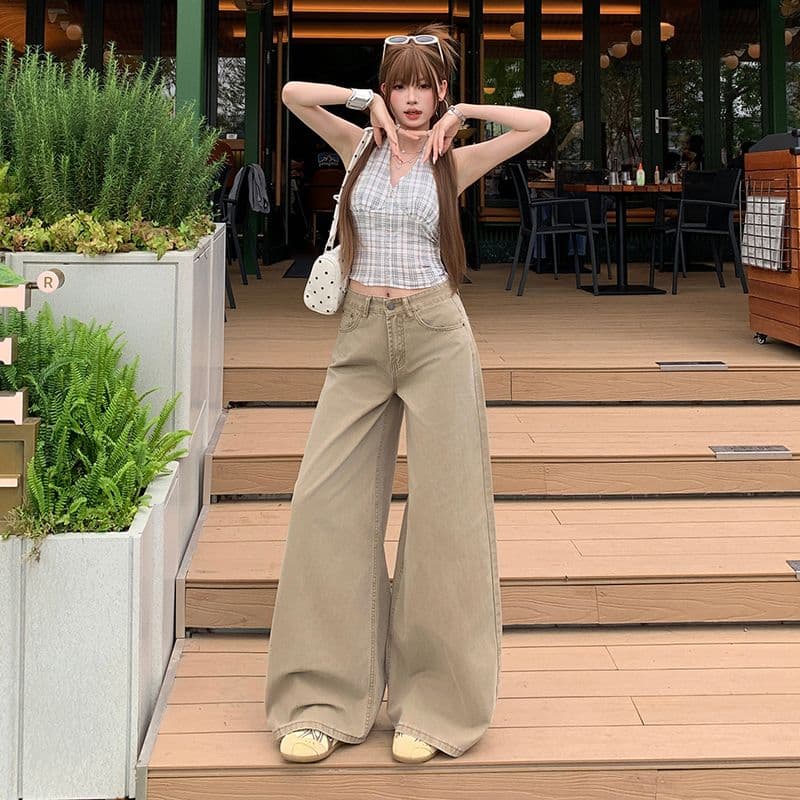 실사 아메리칸 카키 색 하이웨이스트 스트레이트 청바지 여성 새로운 루즈핏 슬림해 보이는 넓은 다리 바닥 청소 바지 이미지 3