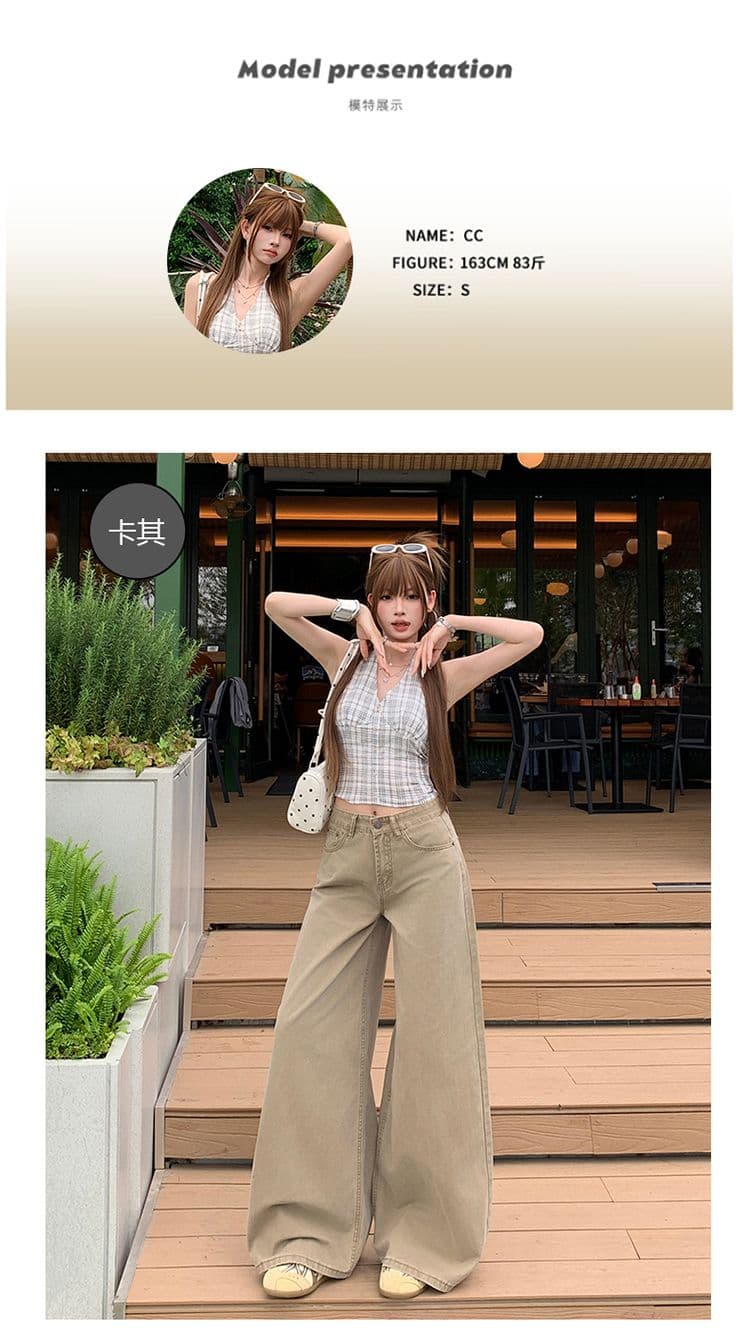 실사 아메리칸 카키 색 하이웨이스트 스트레이트 청바지 여성 새로운 루즈핏 슬림해 보이는 넓은 다리 바닥 청소 바지 상세 이미지 4