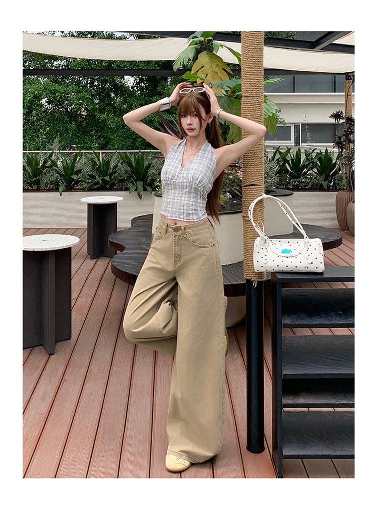 실사 아메리칸 카키 색 하이웨이스트 스트레이트 청바지 여성 새로운 루즈핏 슬림해 보이는 넓은 다리 바닥 청소 바지 상세 이미지 7
