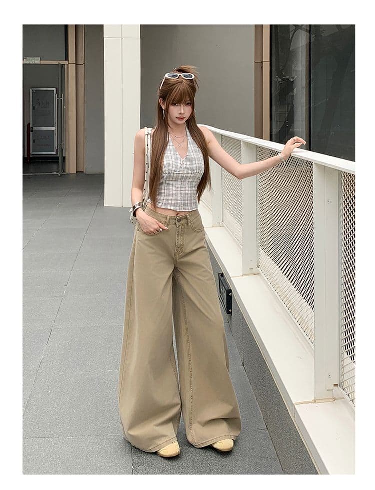 실사 아메리칸 카키 색 하이웨이스트 스트레이트 청바지 여성 새로운 루즈핏 슬림해 보이는 넓은 다리 바닥 청소 바지 상세 이미지 12