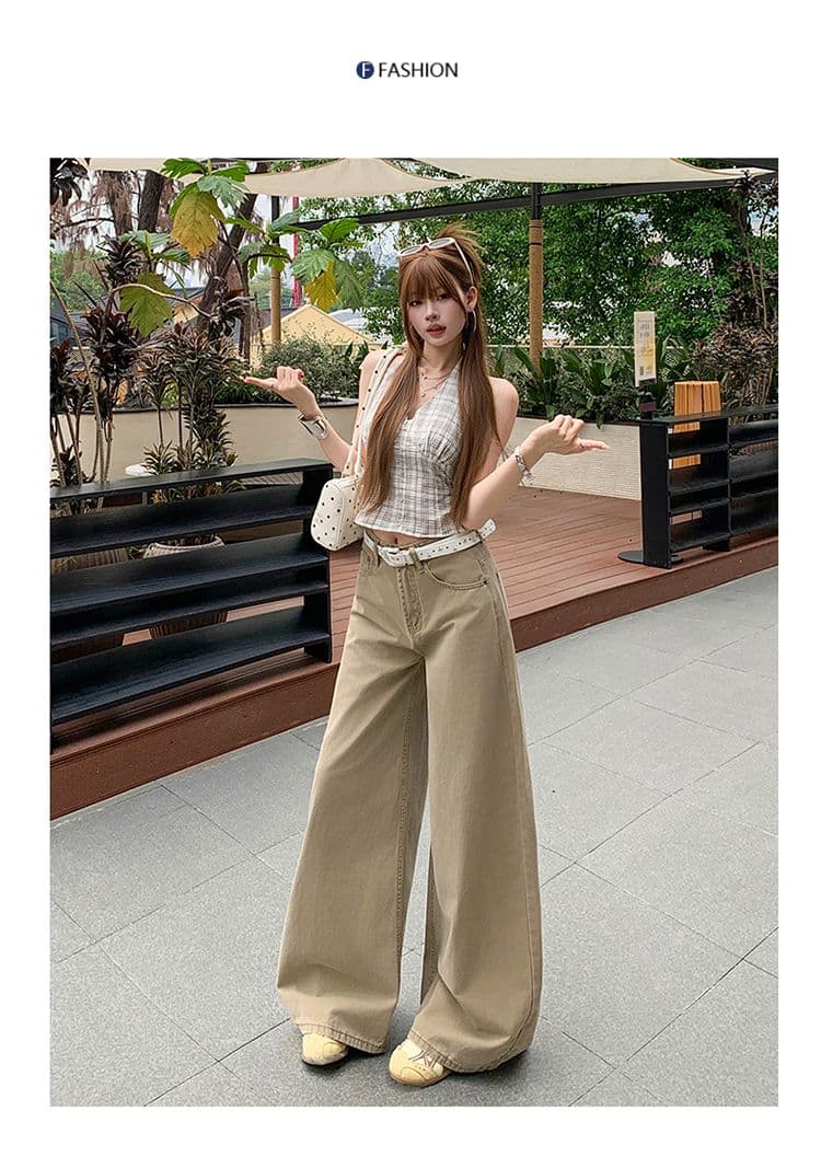 실사 아메리칸 카키 색 하이웨이스트 스트레이트 청바지 여성 새로운 루즈핏 슬림해 보이는 넓은 다리 바닥 청소 바지 상세 이미지 16