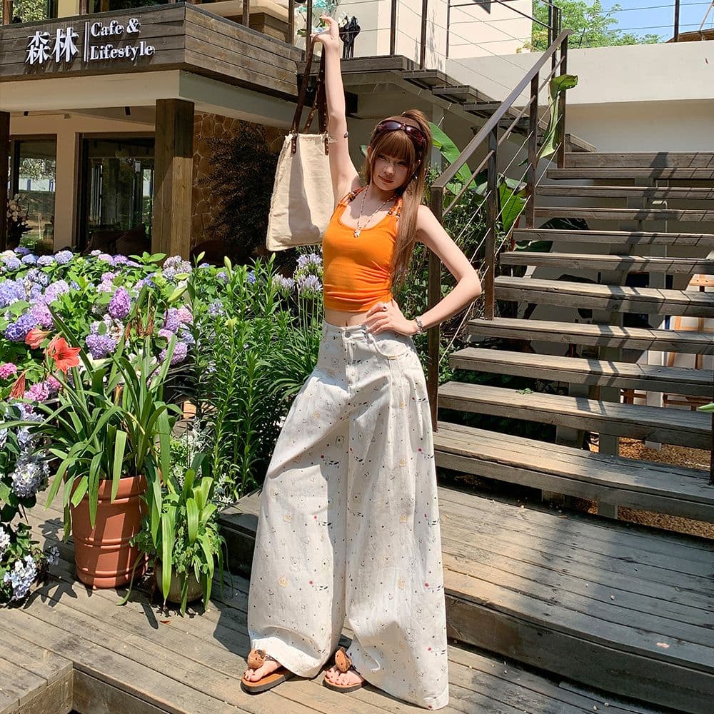 실사 강아지 꽃무늬 프린트 스트레이트 청바지 여성 하이웨이스트 도루 센스 루즈핏 슬림해 보이는 와이드 레그 팬츠 이미지 2