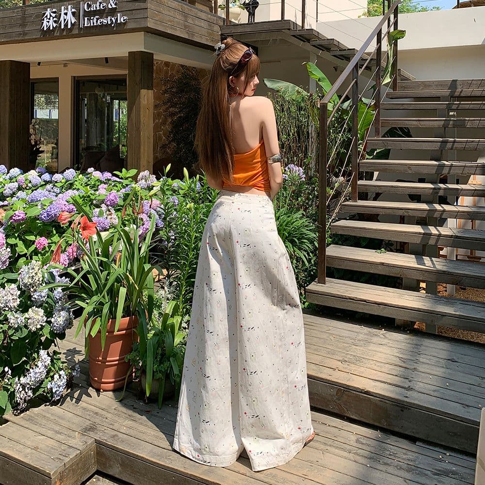 실사 강아지 꽃무늬 프린트 스트레이트 청바지 여성 하이웨이스트 도루 센스 루즈핏 슬림해 보이는 와이드 레그 팬츠 이미지 4