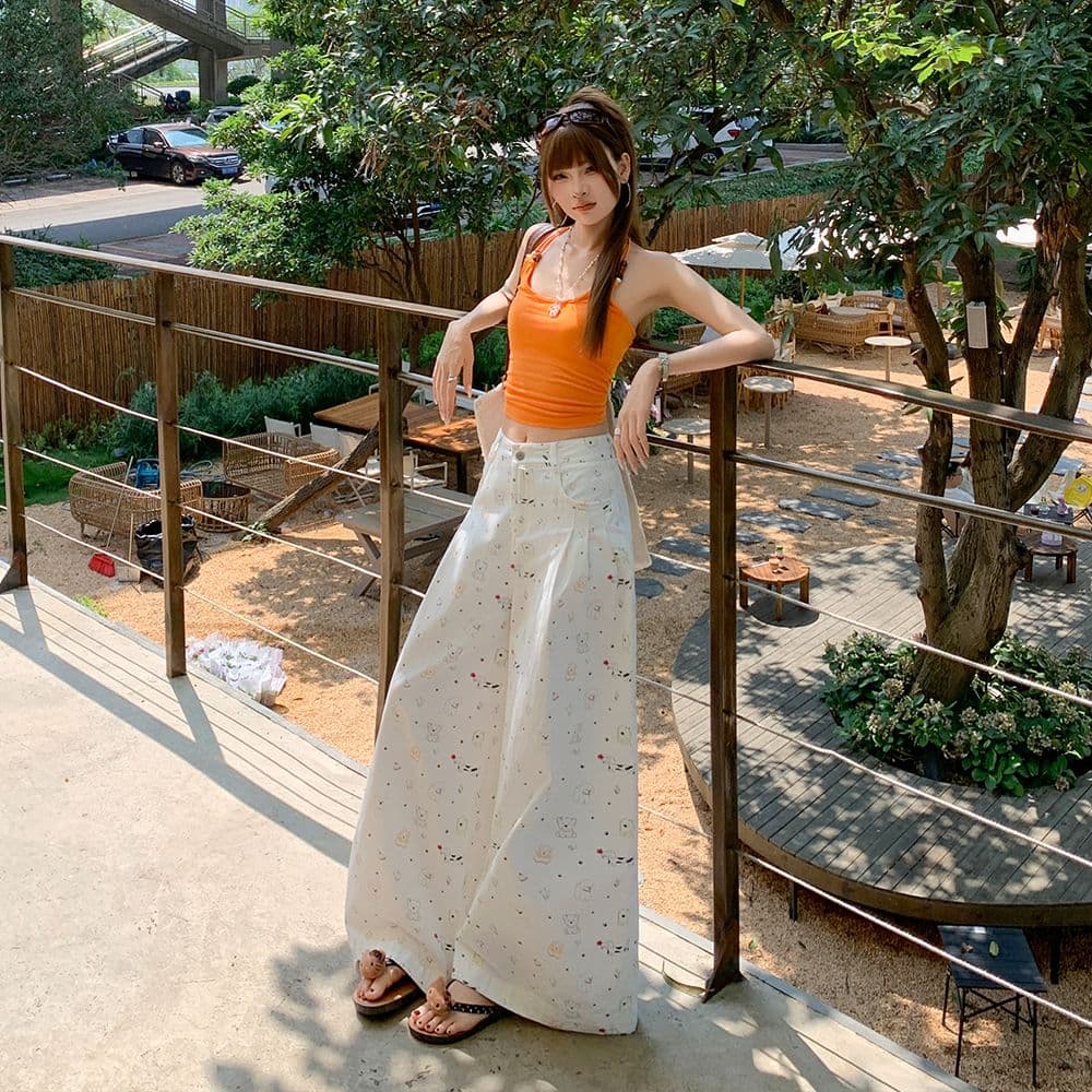 실사 강아지 꽃무늬 프린트 스트레이트 청바지 여성 하이웨이스트 도루 센스 루즈핏 슬림해 보이는 와이드 레그 팬츠 이미지 5