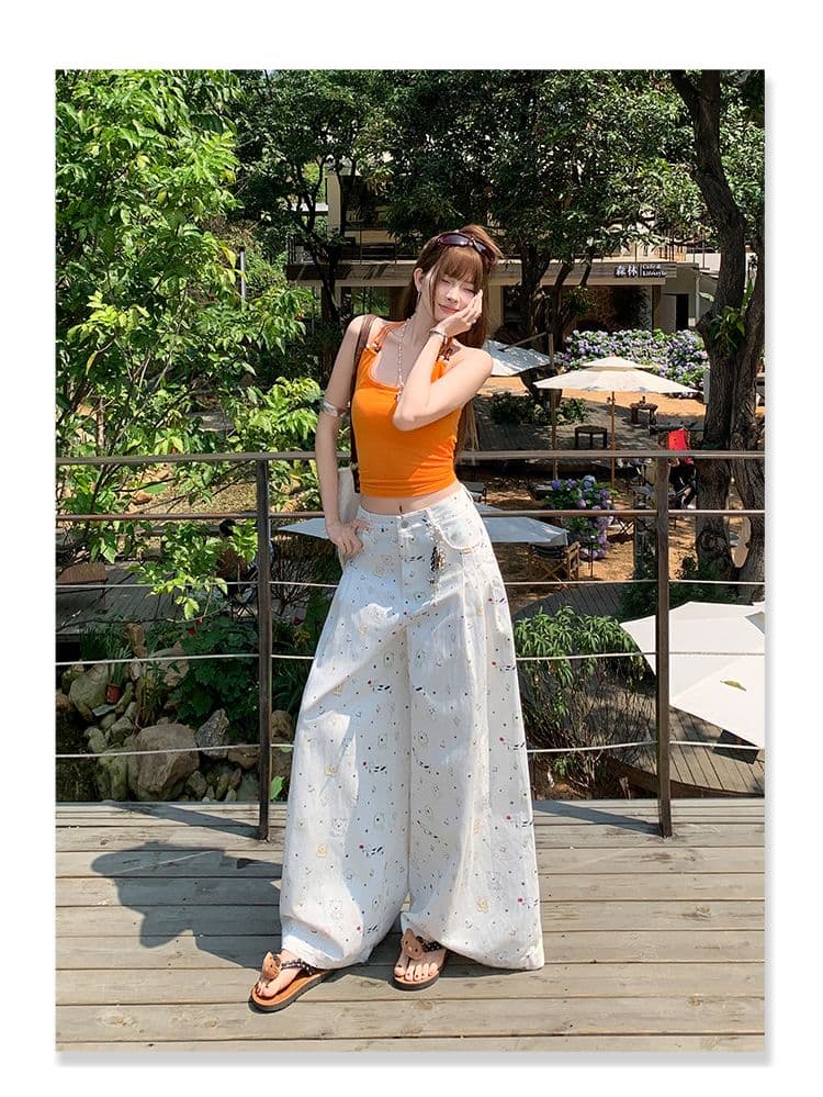실사 강아지 꽃무늬 프린트 스트레이트 청바지 여성 하이웨이스트 도루 센스 루즈핏 슬림해 보이는 와이드 레그 팬츠 상세 이미지 8