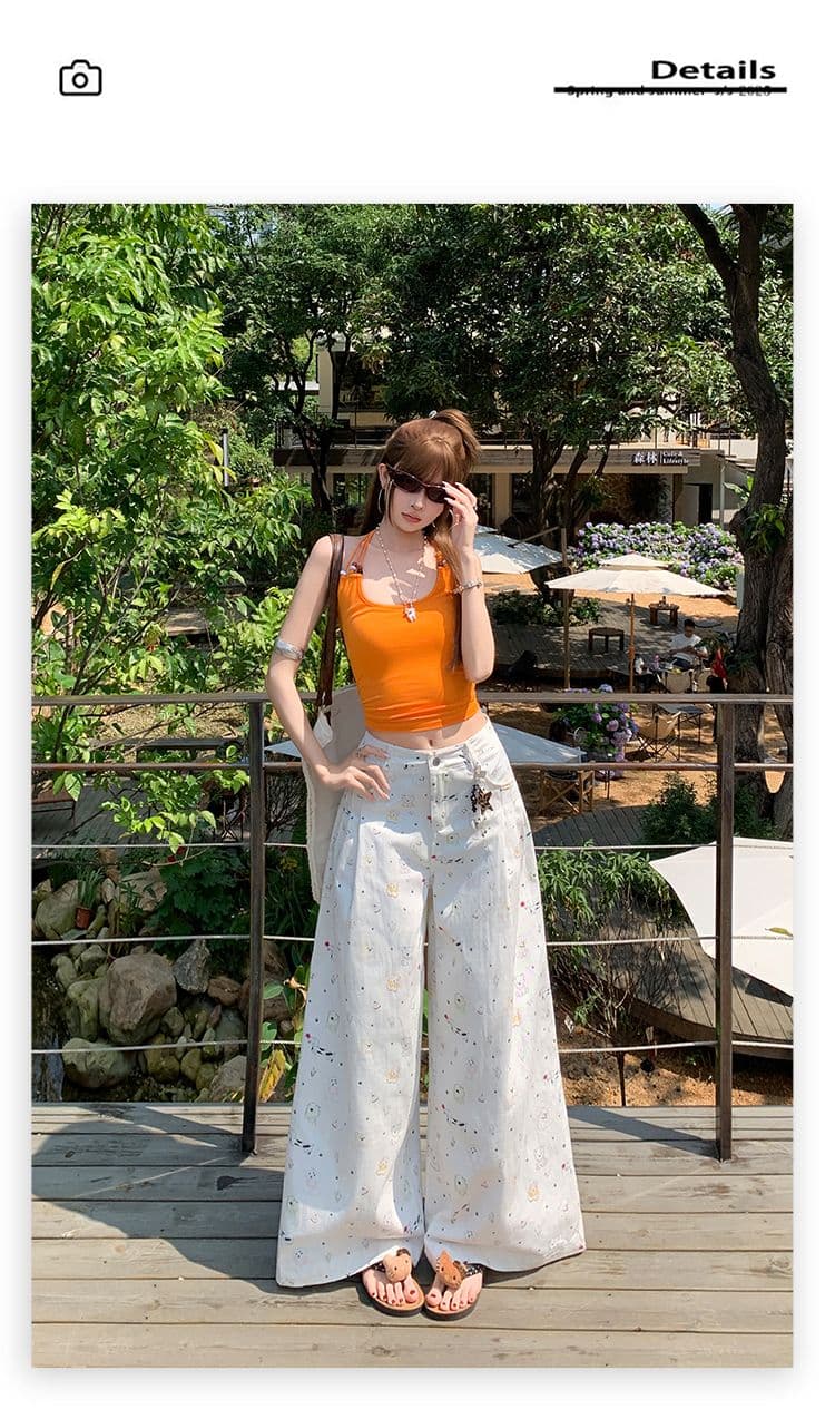 실사 강아지 꽃무늬 프린트 스트레이트 청바지 여성 하이웨이스트 도루 센스 루즈핏 슬림해 보이는 와이드 레그 팬츠 상세 이미지 9