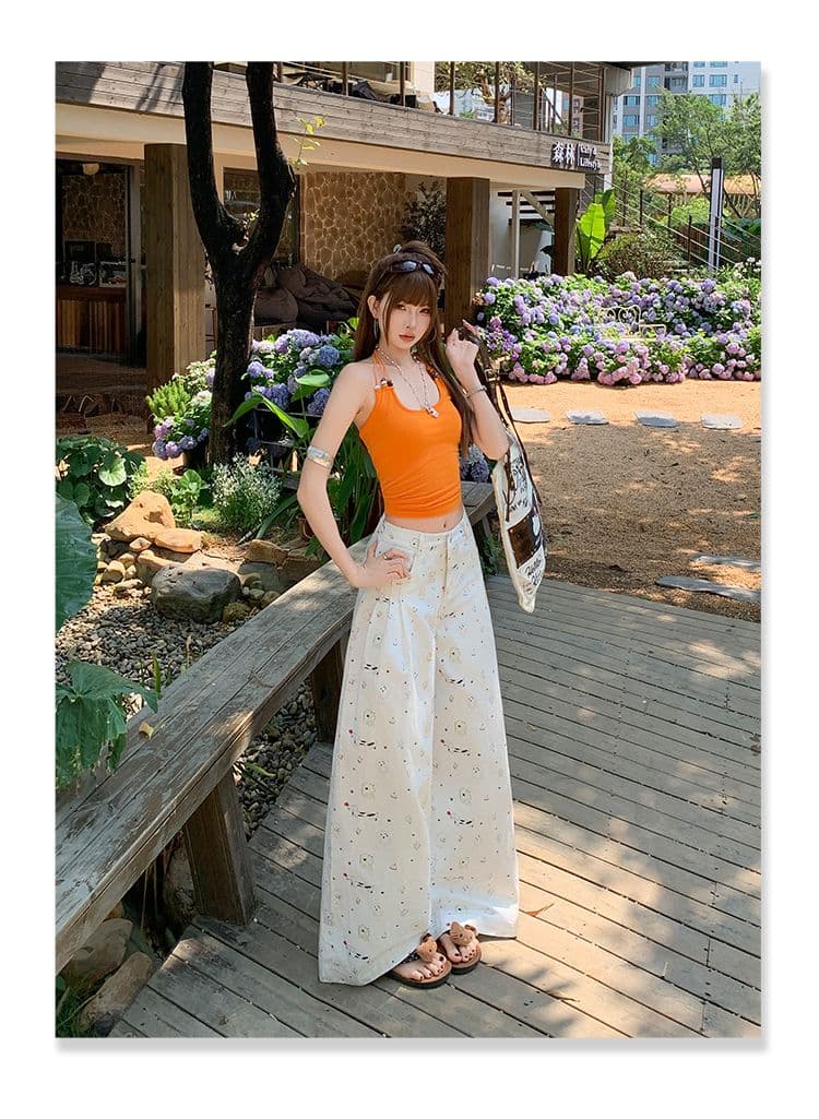 실사 강아지 꽃무늬 프린트 스트레이트 청바지 여성 하이웨이스트 도루 센스 루즈핏 슬림해 보이는 와이드 레그 팬츠 상세 이미지 12
