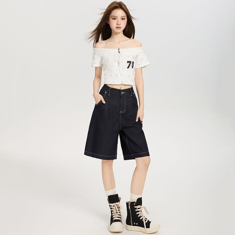 실사 주간 실크 얇은 스타일 5 점 반바지 진한 파란색 아메리칸 넓은 다리 청바지 여성 하이웨이스트 슬림해 보이는 작은 키 넓은 다리