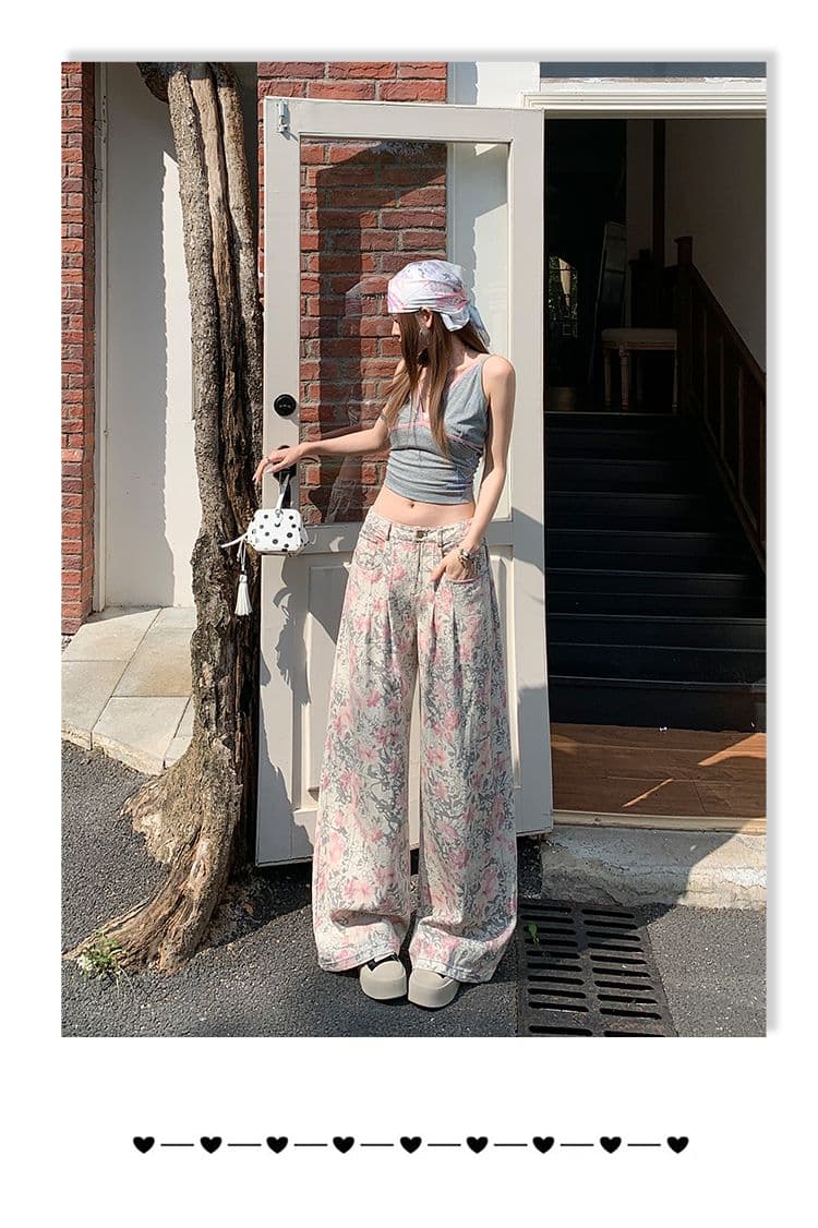 실사 디자인 센스 핑크색 꽃 와이드 레그 팬츠 2026 년 열린 봄 새로운 하이웨이스트 바닥 청소 바지 상세 이미지 6