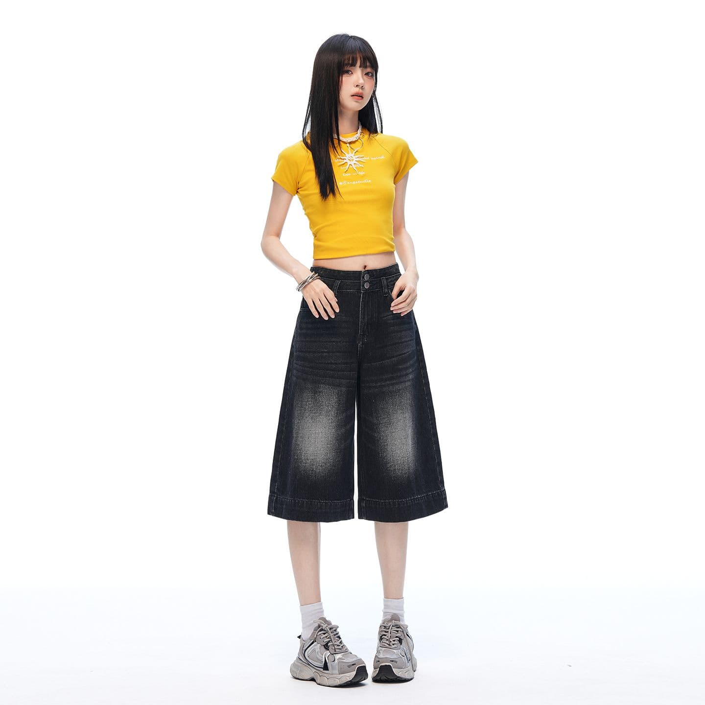 실사 여름 새로운 아메리칸 레트로 블랙 회색 루즈핏 스트레이트 캐주얼 넓은 다리 수 있습니다. 워싱 데님 7부 바지 이미지 2