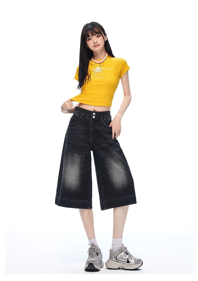 실사 여름 새로운 아메리칸 레트로 블랙 회색 루즈핏 스트레이트 캐주얼 넓은 다리 수 있습니다. 워싱 데님 7부 바지 상세 이미지 9