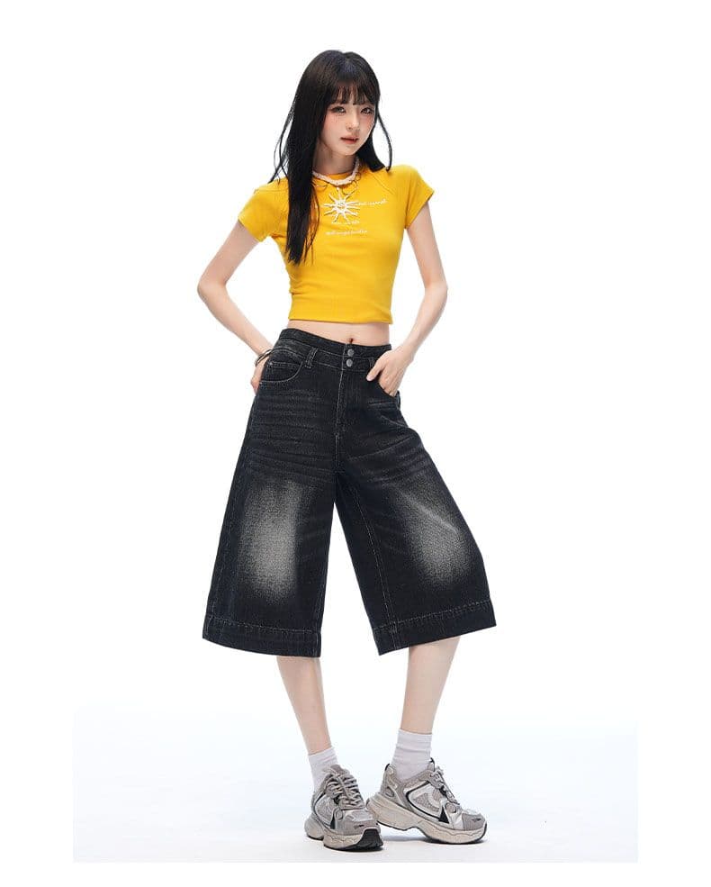 실사 여름 새로운 아메리칸 레트로 블랙 회색 루즈핏 스트레이트 캐주얼 넓은 다리 수 있습니다. 워싱 데님 7부 바지 상세 이미지 10