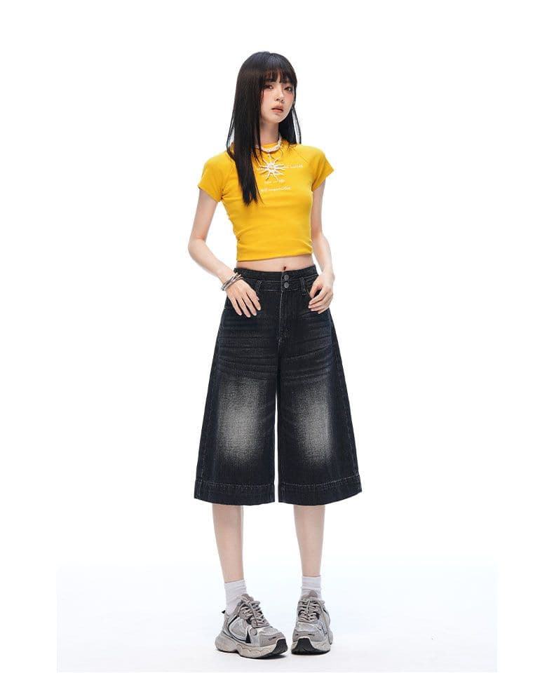 실사 여름 새로운 아메리칸 레트로 블랙 회색 루즈핏 스트레이트 캐주얼 넓은 다리 수 있습니다. 워싱 데님 7부 바지 상세 이미지 11