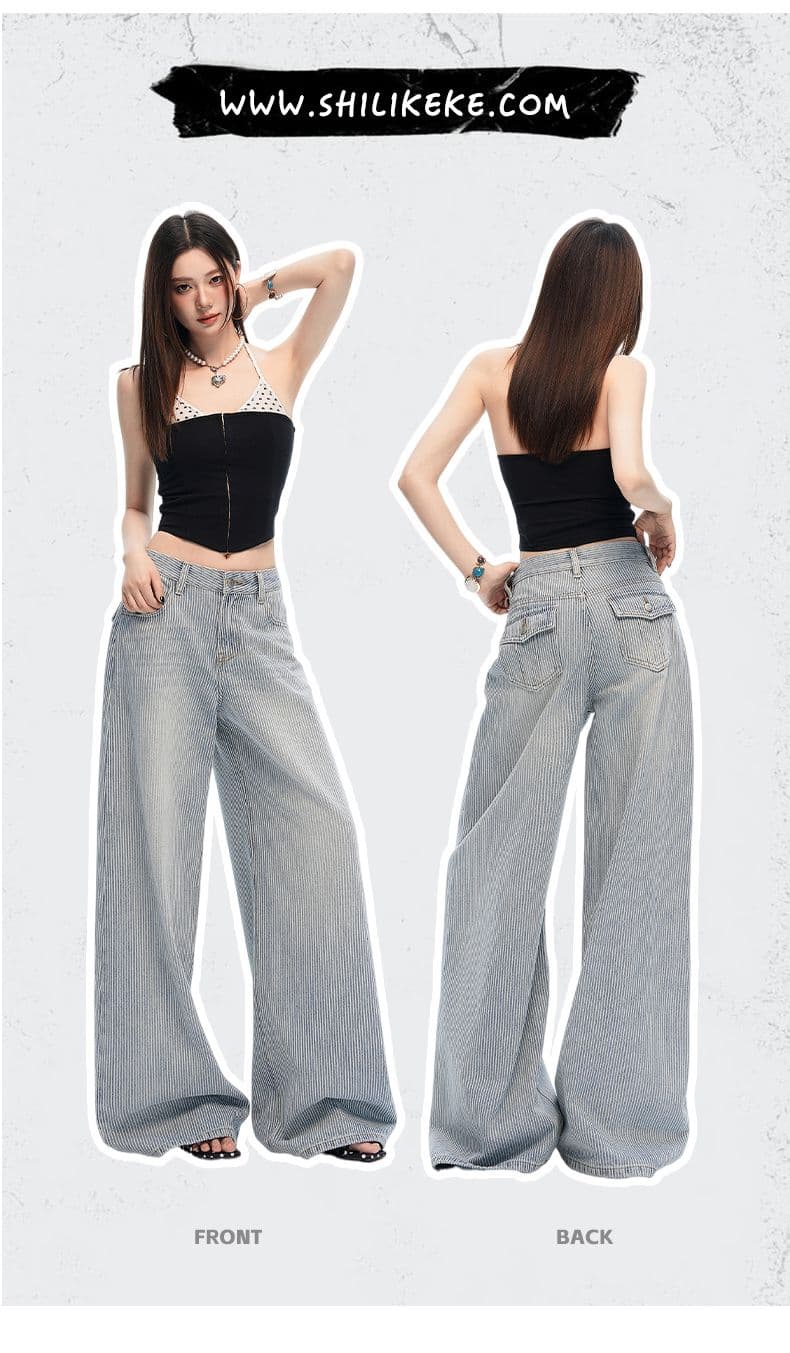 실사 여름 새로운 아메리칸 세로 줄무늬 3 차원 주머니 디자인 센스 루즈핏 넓은 다리 바닥 청소 청바지 여성 상세 이미지 1