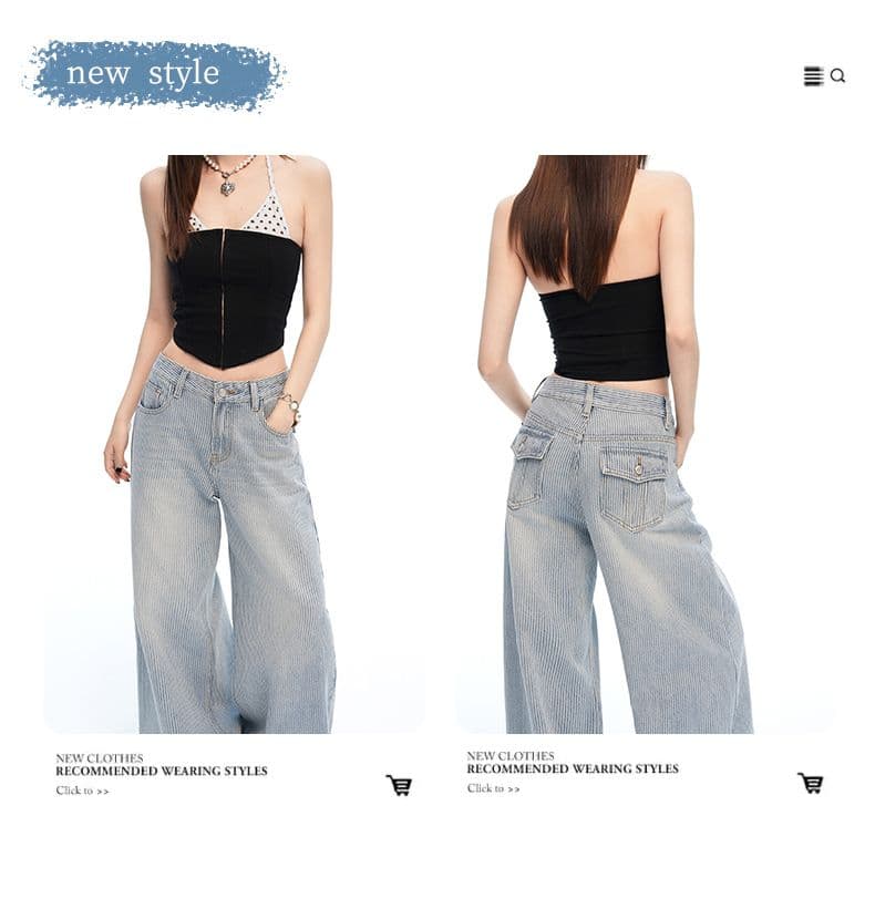 실사 여름 새로운 아메리칸 세로 줄무늬 3 차원 주머니 디자인 센스 루즈핏 넓은 다리 바닥 청소 청바지 여성 상세 이미지 2