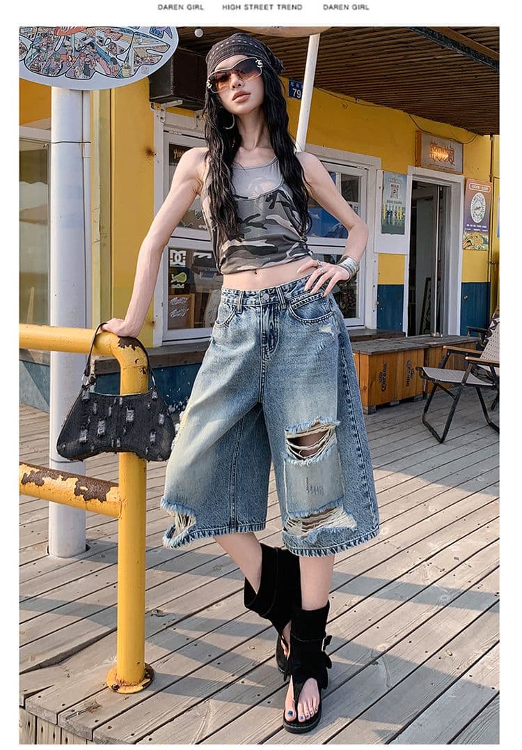 실사 높음 거리 찢어진 부분 넓은 다리 청바지 여름 새로운 루즈핏 배 종류 슬림해 보이는 작은 키 스트레이트 7부 바지 상세 이미지 19
