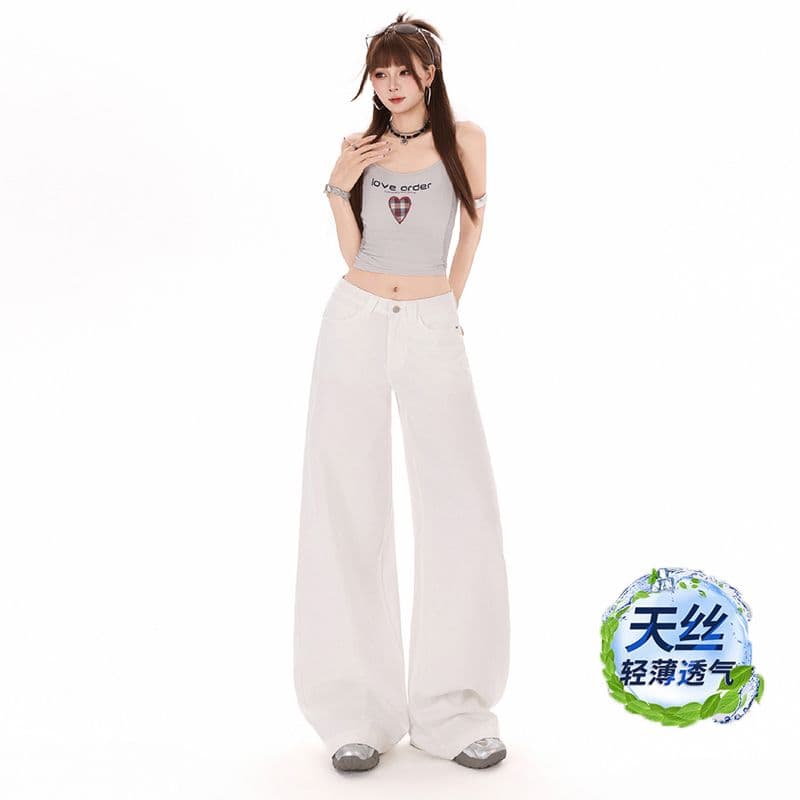 실사 주간 실크 라이 경기 서울 아메리칸 화이트 다용도 넓은 다리 청바지 여성 새로운 루즈핏 스트레이트 긴 바지 이미지 5