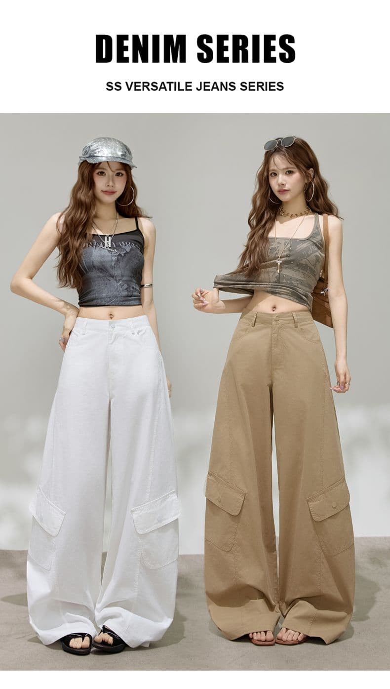 실사 센스 아메리칸 레트로 핫걸 모통이 칼 바지 다용도 슬림해 보이는 기타 주머니 넓은 다리 워크웨어 캐주얼 바지 상세 이미지 1