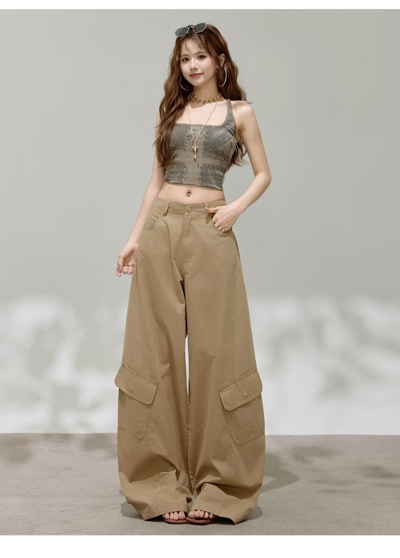 실사 센스 아메리칸 레트로 핫걸 모통이 칼 바지 다용도 슬림해 보이는 기타 주머니 넓은 다리 워크웨어 캐주얼 바지 상세 이미지 17