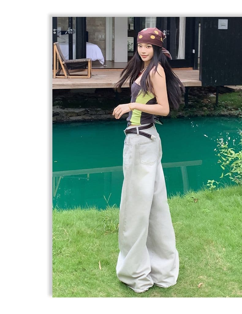 실사 아메리칸 레트로 워시 물 마 오래된 공예 라이 경기 서울 원단 루즈핏 스트레이트 청바지 여성 상세 이미지 8
